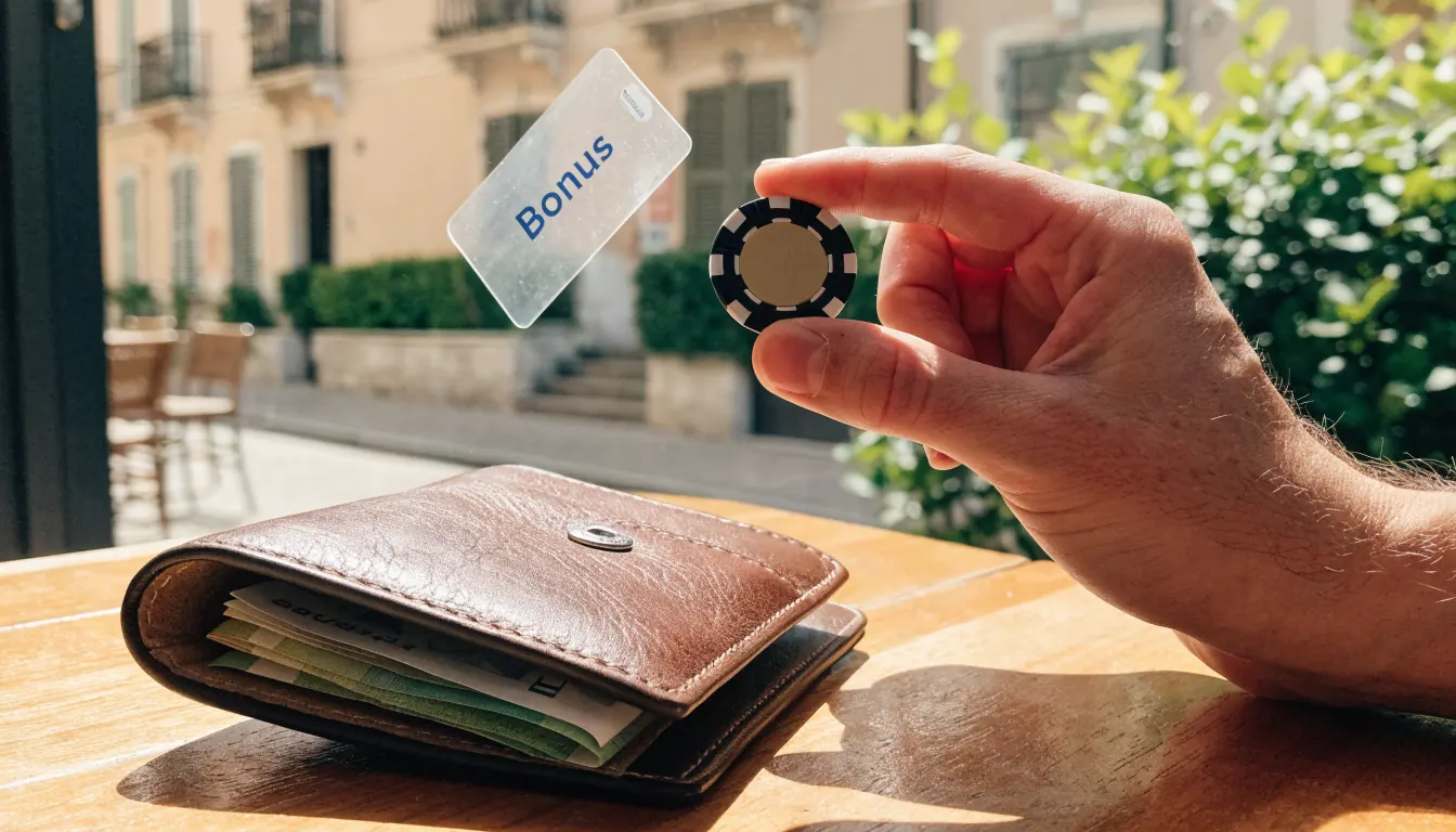Mano con ficha da casinò e carta bonus su tavolo illuminato